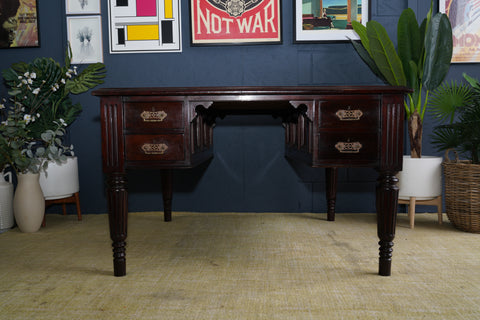 Edwardian Mahogany Partner’s Desk with Fluted Legs & Brass Handles