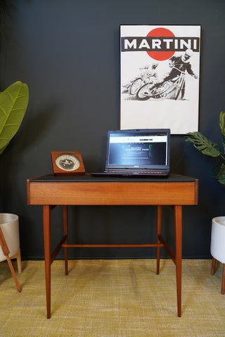 Mid Century Stylish Small Writing Desk in Teak with Black Vinyl Writing Pad