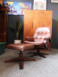 Vintage Unico Danish Teak Leather Recliner Armchair and Ottoman, Mid-Century Modern Design