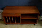 Vintage Danish Mid Century Teak Media Unit with sculpted drawer pull and record storage on casters