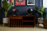 Vintage Danish Mid Century Teak Media Unit with sculpted drawer pull and record storage on casters