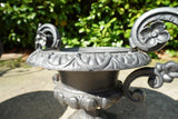 Pair of vintage black cast iron campana garden urn planters with scroll handles and flower medallions on concrete backdrop