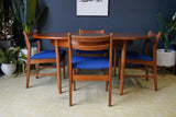 Mid Century 1970s Teak Dining Suite D-end Table Four Barback Blue Fabric Chairs