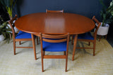 Mid Century 1970s Teak Dining Suite D-end Table Four Barback Blue Fabric Chairs