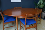 Mid Century 1970s Teak Dining Suite D-end Table Four Barback Blue Fabric Chairs