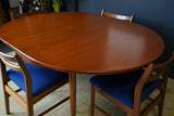 Mid Century 1970s Teak Dining Suite D-end Table Four Barback Blue Fabric Chairs
