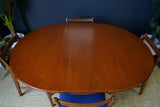 Mid Century 1970s Teak Dining Suite D-end Table Four Barback Blue Fabric Chairs
