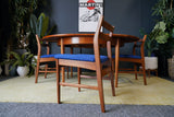 Mid Century 1970s Teak Dining Suite D-end Table Four Barback Blue Fabric Chairs
