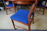 Mid Century 1970s Teak Dining Suite D-end Table Four Barback Blue Fabric Chairs