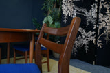 Mid Century 1970s Teak Dining Suite D-end Table Four Barback Blue Fabric Chairs