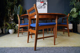 Mid Century 1970s Teak Dining Suite D-end Table Four Barback Blue Fabric Chairs