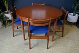 Mid Century 1970s Teak Dining Suite D-end Table Four Barback Blue Fabric Chairs