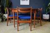 Mid Century 1970s Teak Dining Suite D-end Table Four Barback Blue Fabric Chairs