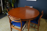 Mid Century 1970s Teak Dining Suite D-end Table Four Barback Blue Fabric Chairs