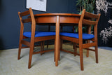 Mid Century 1970s Teak Dining Suite D-end Table Four Barback Blue Fabric Chairs