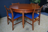 Mid Century 1970s Teak Dining Suite D-end Table Four Barback Blue Fabric Chairs