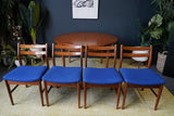 Mid Century 1970s Teak Dining Suite D-end Table Four Barback Blue Fabric Chairs