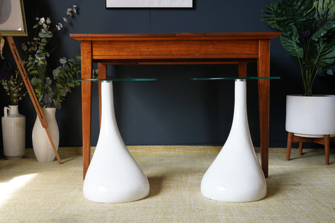 Mid Century Style Side Tables Night Stand Pap Art Style White and Glass