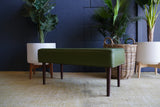 Mid-Century Modern Olive Green Vinyl Bench Stool with Tapered Legs
