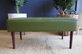 Mid-Century Modern Olive Green Vinyl Bench Stool with Tapered Legs