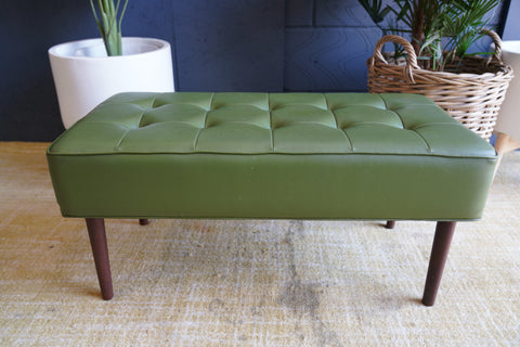 Mid-Century Modern Olive Green Vinyl Bench Stool with Tapered Legs
