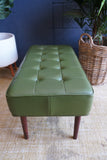 Mid-Century Modern Olive Green Vinyl Bench Stool with Tapered Legs