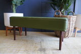 Mid-Century Modern Olive Green Vinyl Bench Stool with Tapered Legs