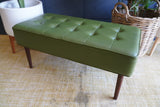 Mid-Century Modern Olive Green Vinyl Bench Stool with Tapered Legs