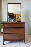 Peppler Furniture Co. 'The Hanover Line' Three-Drawer Dresser & Mirror in Figured Walnut – Canada, c. 1960s