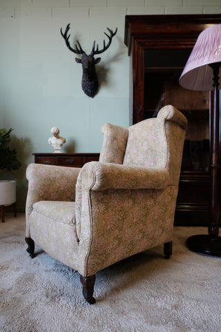 Edwardian Wingback Armchair in Vintage Floral Tapestry – United Kingdom, c.1905