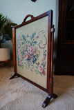 Floral Tapestry Fire Screen in Solid Mahogany – United Kingdom, Edwardian Era
