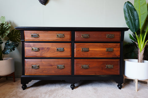 Restyled Traditional Six-Drawer Chest in Walnut and Black – United Kingdom, Early/Mid 20th Century