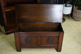 Vintage Reproduction Solid Oak Coffer Trunk Blanket Box Tudor Rose Motif