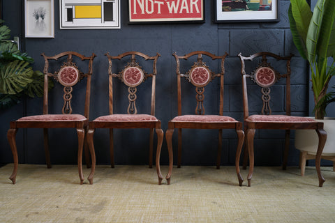 Set of 4 Victorian Walnut Dining Chairs — Hand-Carved Elegance with Light Salmon Upholstery