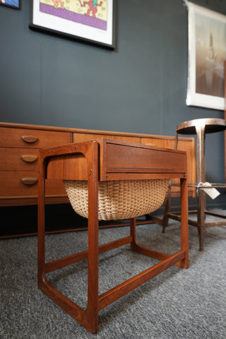 BR Danmark Teak Sewing Table with Woven Basket – Denmark, Mid-20th Century