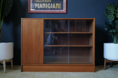 Mid Century 1960s Display China Cabinet with Glass Sliding Doors and Side Cupboard