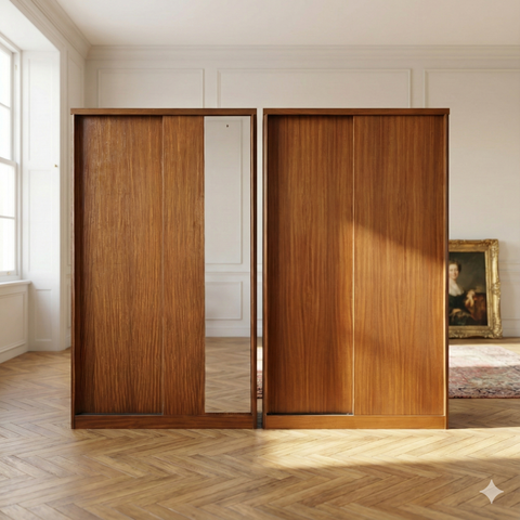 Pair of Austinsuite Teak Sliding Door Wardrobes – British Modern, 1960s