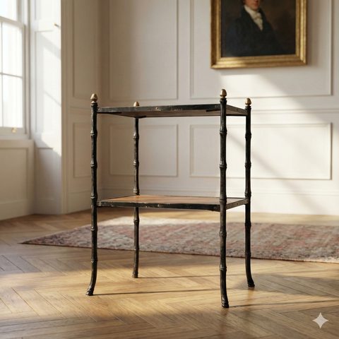 Faux Bamboo Two-Tier Occasional Table – Regency Revival Style [Leather Top]