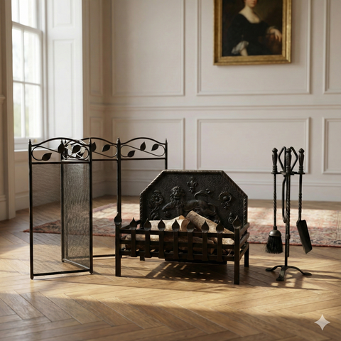 Complete Cast Iron Fireplace Set – Heraldic Lion Grate, Screen & Tools