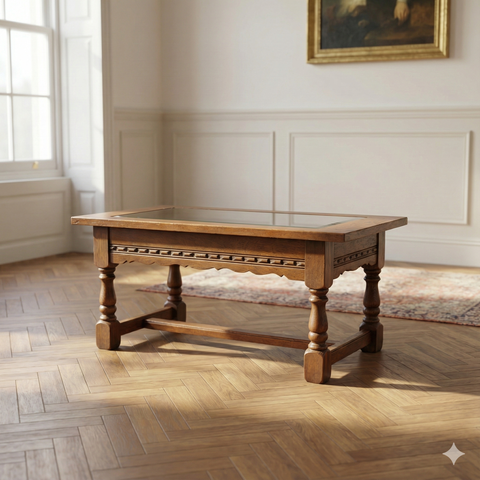 Wood Bros 'Old Charm' Oak Coffee Table with Glass Top – England, Tudor Revival