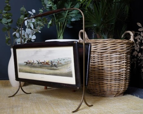 Mid Century Italian Designed Rosewood & Brass Magazine Rack with Watercolour Landscapes