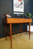 Mid Century Stylish Small Writing Desk in Teak with Black Vinyl Writing Pad