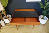 Mid Century Stylish Small Writing Desk in Teak with Black Vinyl Writing Pad