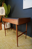 Mid Century Stylish Small Writing Desk in Teak with Black Vinyl Writing Pad