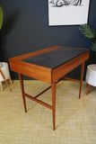 Mid Century Stylish Small Writing Desk in Teak with Black Vinyl Writing Pad