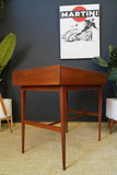 Mid Century Stylish Small Writing Desk in Teak with Black Vinyl Writing Pad