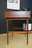 Mid Century Stylish Small Writing Desk in Teak with Black Vinyl Writing Pad