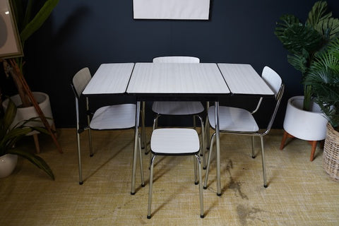 Mid Century Belgium TAVO Table Dining Set Three Chairs One Stool White Erfmann Vintage