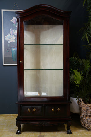 Victorian-Style Mahogany Glazed Display Cabinet with Cabriole Legs & Drawers