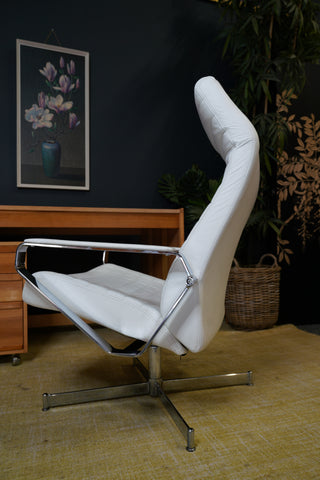Vintage Danish Modern High-Back Swivel Lounge Chair | Chrome & White Leather